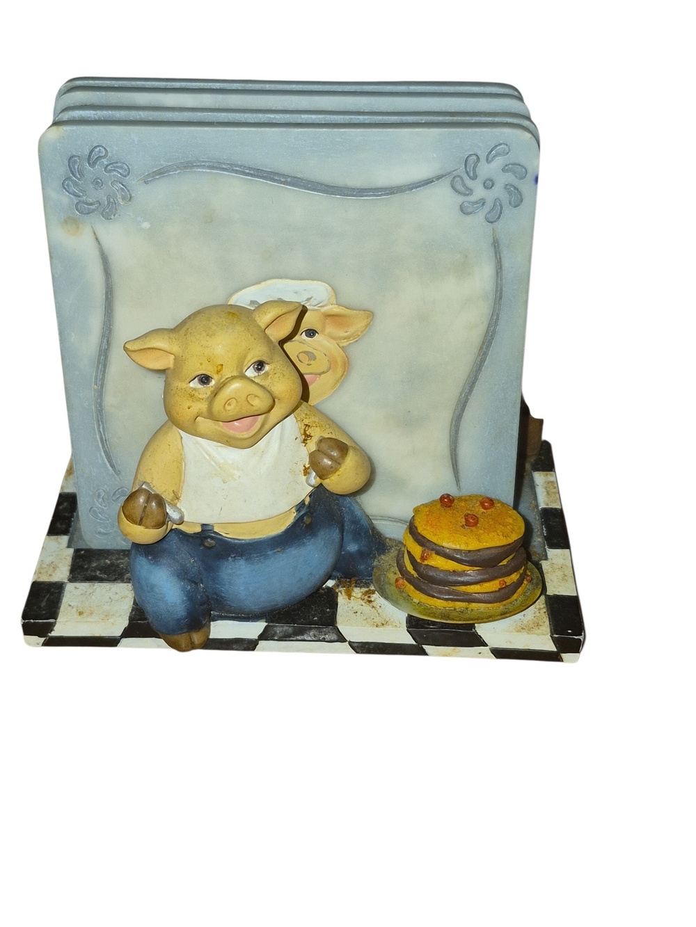 Vintage Pig Chef Ceramic Holder With 4 Coasters Blue & Cream NWT